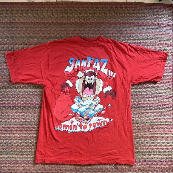 90s VINTAGE WARNER BROTHERS TAZ LOONEY TUNES SANTA GRAPHIC TEE - Picture 1 of 5